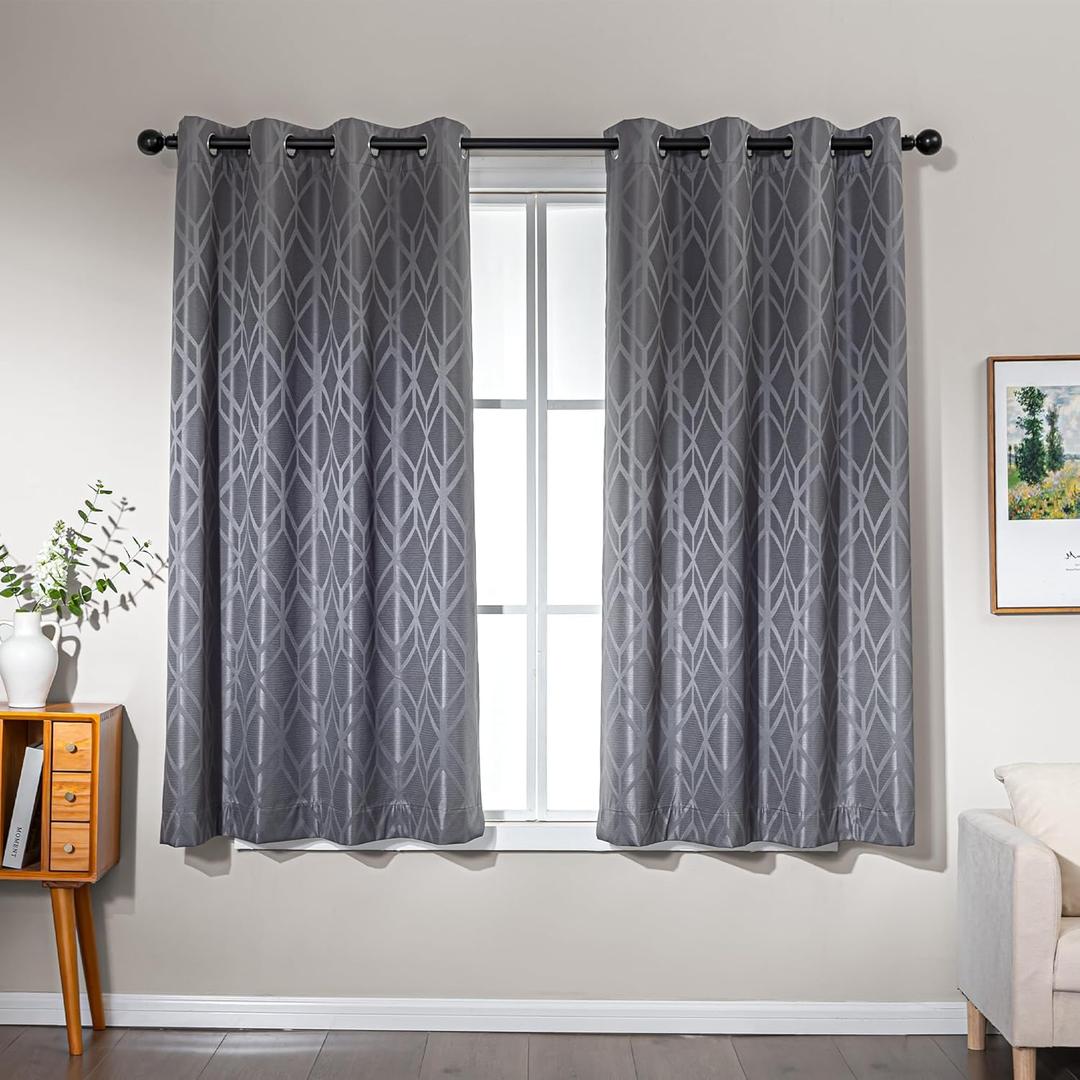 Amazon Basics Jacquard 2-Piece 100% Blackout Curtains, Living Room and Bedroom Drapes, Thermal Insulated Window Treatment, 42"x63", Grey