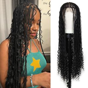 Boho Braided Wigs for Black Women, 36 inch Knotless Full Lace Boho Box Braid Wig, Bohemian Curly Ended Double Full Lace Goddess Braided Wig (1B (Square Based))