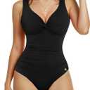 Popilush Tummy Control Swimsuits for Women - Ruched One Piece Shapewear Bathing Suit Twist Front Swimwear (Medium, Black)
