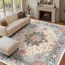 RELEANY Area Rugs 9'x12' Washable Non-Slip, Floral Vintage Distress Print Pattern Medallion Carpet for Living Room Bedroom Dining Room, Beige Navy Blue Orange Colorful
