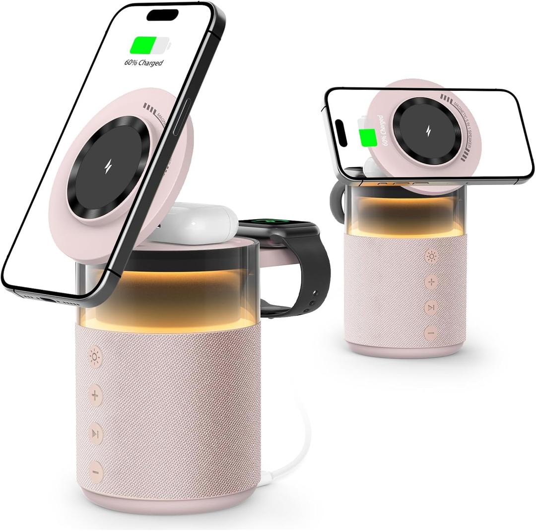 5-in-1 Wireless Charging Station with Bluetooth Speaker,Magnetic Charger with Night Light,Charger Stand with 33W Adapter Compatible with Apple Watch&iPhone 17 16 15 14 13 Pro Max&Wireless Earbuds Pink