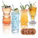 Clear Tiki Glasses Set of 4 - Exotic Tropical Cocktail Glasses with Straws and Coasters,Hawaiian Style Tiki Mugs for cocktails,Mai Tai, Zombie and Pia Colada,Tiki Bar Drinkware.
