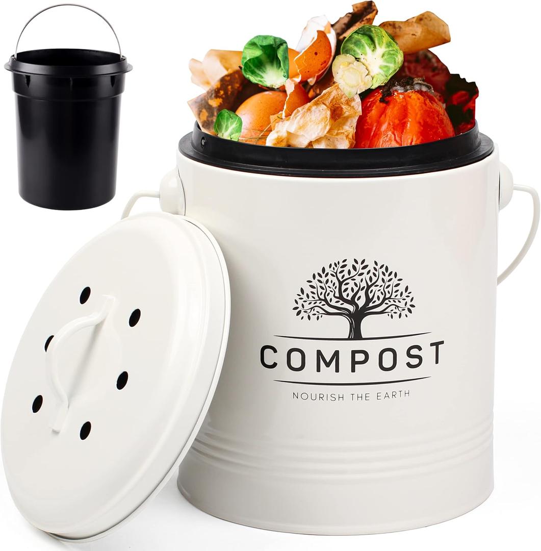 Perfnique Kitchen Compost Bin, 1.3 Gallon Countertop Compost Bin with Lid, Indoor Compost Bucket Includes Inner Bucket Liner and Carbon Filter, Small Compost Bin (Without Bags, Cream)