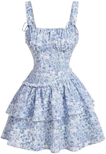 Narecte Womens Summer Dresses Floral Casual Mini Dresses for Women A Line Sun Dress Cute Ruffle Dress, XS