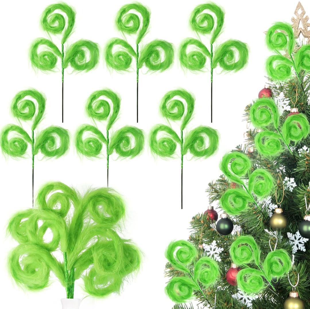 Vloso 6 Pcs Christmas Tree Topper,17 Inch Christmas Tree Ornament,Green Furry Christmas Picks for Tree Decorations