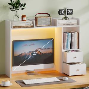ChooChoo Desktop Bookshelf with LED Lights, 36.6" Dorm Desk Hutch with 4 Shelves and 2 Drawers, Fits 27" Monitor, Desk Organizer Shelf for Dorm Office Home, White