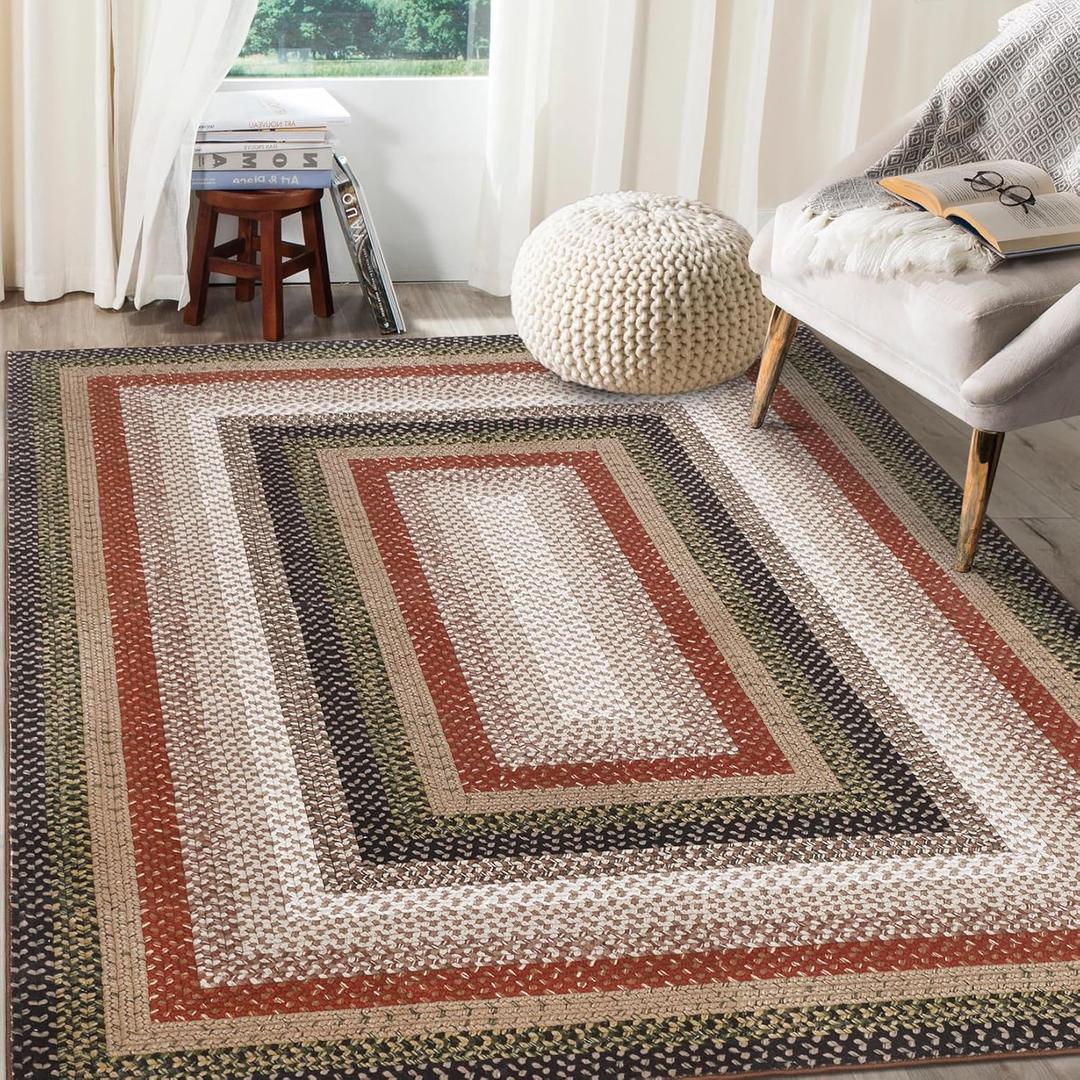 RUGSREAL 9x12 Braided Rug Washable Living Room Rug Modern Braid Printed Large Bedroom Rug with Rubber Backing Farmhouse Accent Large Carpet for Dining Room Home Decor Office, Crimson/Earthy