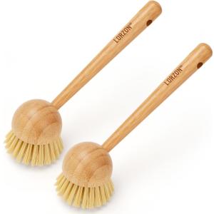 2 Pack Dish Brush with Handle, Bamboo Dish Scrub Brush, Kitchen Brushes for Dishes, Scrubber, Pots, Pans, Sink, Dishwashing Cleaning Brush