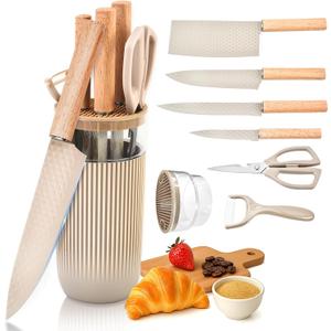 Knife Set, 7-Piece Kitchen Knife Set with Sharp Chef and Meat Knives, Anti-Rust Utility Knives Set for Kitchen, Kitchen Knife Block Set Khaki
