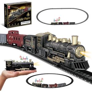 JUQU Christmas Train Set for Kids Ages 3-8, Battery Operated Toy Train with Light & Sound, Black/Gold Mini Train Tracks Under Tree for Holiday Decor