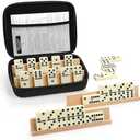 Jumbo Dominos Set for Adults with 4 Wooden Racks/Trays, Double 6 Dominoes Travel Set with Portable Case Double Six Dominoes Set with 4 Tiles Holders, 28 Tiles Dominos Set for Family Board Games
