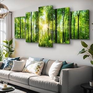 5 Piece Forest Wall Art - Nature Wall Decor Canvas Artwork Forest Painting, Morning Sunrise Green Trees Landscape Nature Decor for Bedroom Living Room Home Decorations