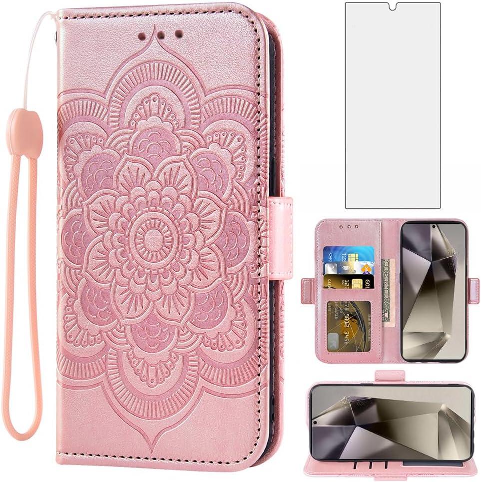 Asuwish Phone Case for Samsung Galaxy S25 Ultra 5G Wallet Cover with Tempered Glass Screen Protector and Leather Flip Credit Card Holder Cell Accessories S25Ultra 25S S 25 25Ultra Women Men Rose Gold
