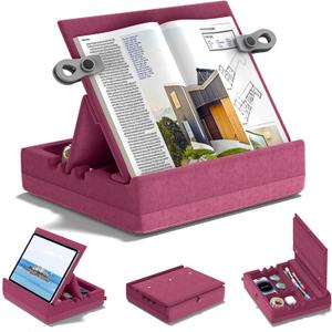 KDD Book Stand for Reading with Storage, Multi-Angle Adjustable Tablet Pillow Holder for Lap, Bed, Desk and Couch, Foldable iPad Holder with Organizer for Book,Tablet, E-Reader (4.7"-15") Purple