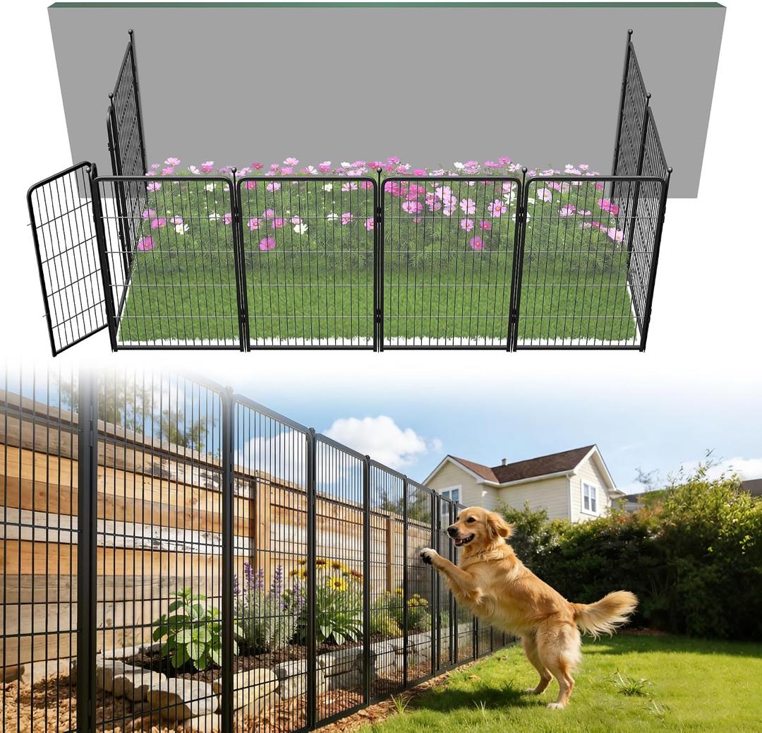 FXW Garden Fence Outdoor for the Yard – 40in(H) x 18.2ft(L) Heavy Duty Metal Animal Barrier for Dog, No Dig Decorative Dog Fence, 8 Panels, Black