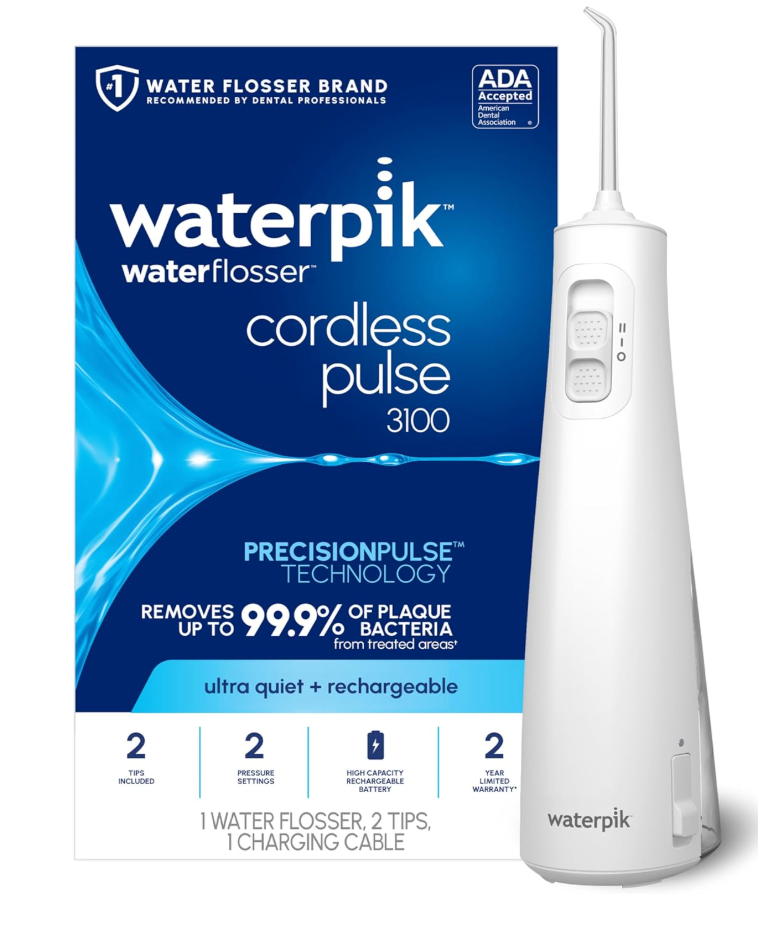 Waterpik Cordless Pulse 3100 Rechargeable Portable Water Flosser for Teeth, Gums, Braces Care and Travel with 2 Flossing Tips, Waterproof for Shower Use, ADA Accepted, WF20 White,  Exclusive