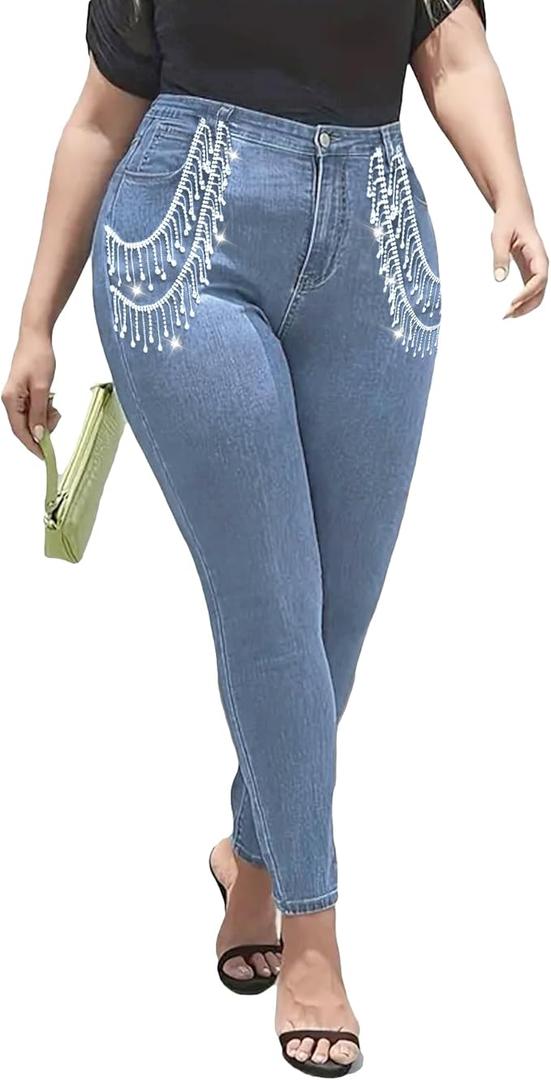 Cyparel Women's Butt Lifting Skinny Jeans High Waisted Rhinestone Fringe Trim Denim Pants, Size XL
