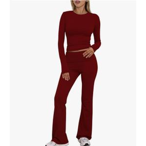 Women's Workout 2 Piece Lounge Sets Long Sleeve Tops Foldover Flare Pants Casual Outfits Tracksuit. Wine Red M