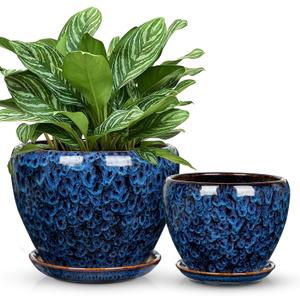 Hollyone 9+7 Inch Ceramic Planter Set of 2 Blue Ceramic Plant Pot for Plants Flowers with Drainage Hole and Saucers Ceramic Glaze Round Plant Pot Indoor Outdoor Large Succulent Orchid Flower Pot