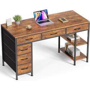 Huuger Computer Desk with 6 Drawers, Office Desk with Shelves, Reversible Gaming Desk, Corner Desk with Storage, Work for Home Office, Study, Living Room, 47inch, Rustic Brown