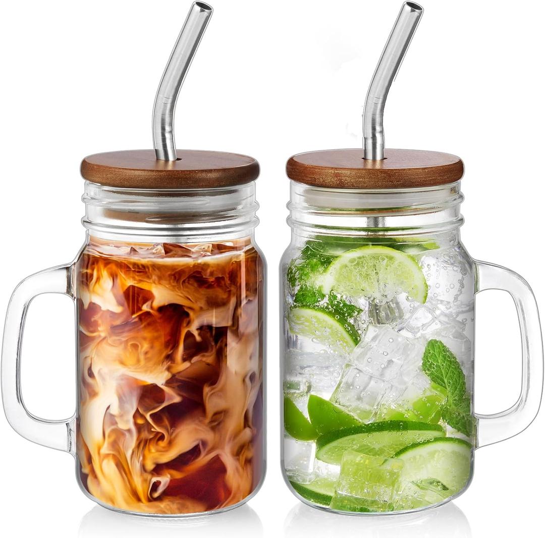 DRASTAR Iced Coffee Cup, 16 oz Mason Jar Cups with Handle, Glass Coffee Mugs with Straws and Acacia Lids, Drinking Glass Cups Set of 2, Smoothie, Overnight Oats Containers (Clear)