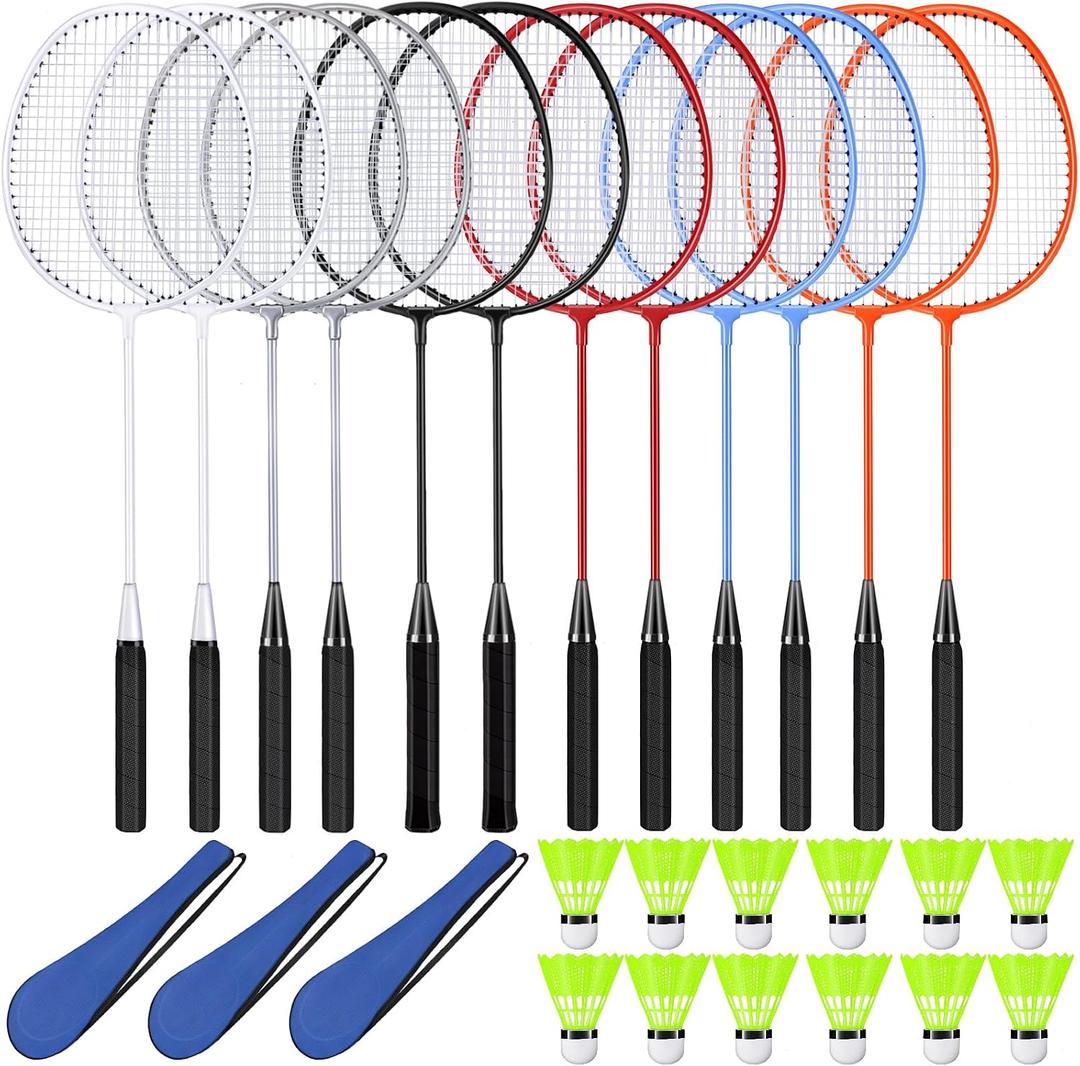 12 Pack Badminton Rackets Set Including Badminton Racquets, Nylon Shuttlecocks and Carry Bag for Outdoor Backyard Games Beginners