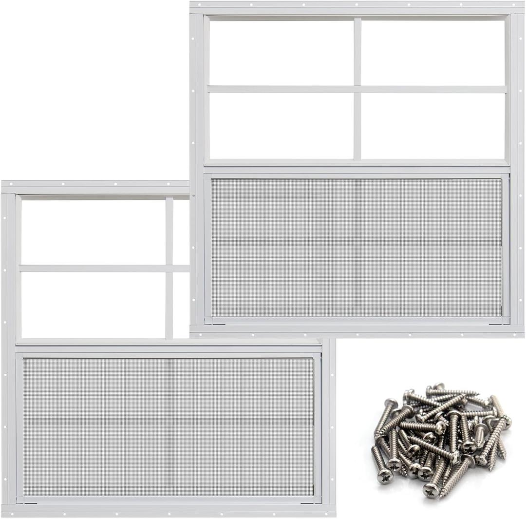 NeatiEase 2 Pack Shed Windows, 24" x 24" Flush Mount Window with Tempered Glass and Fiberglass Screen for Shed, Chicken Coop, Playhouse, Household, Garage
