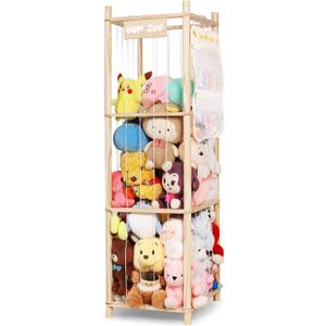 Stuffed Animal Storage Organizer, Large Wooden Zoo Toy Holder with Pockets, Plushie, Stuffy,Toy Storage for Kids Room, Playroom, Bedroom(Natural Large)