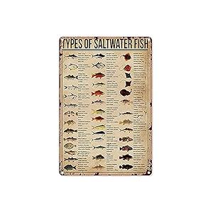 OKTFES Vintage Fishing Metal Sign Types of Saltwater Fish Knowledge Tin Sign Plaque Wall Decor Home Man Cave Garage Bar Cafe Kitchen 6x8 Inch