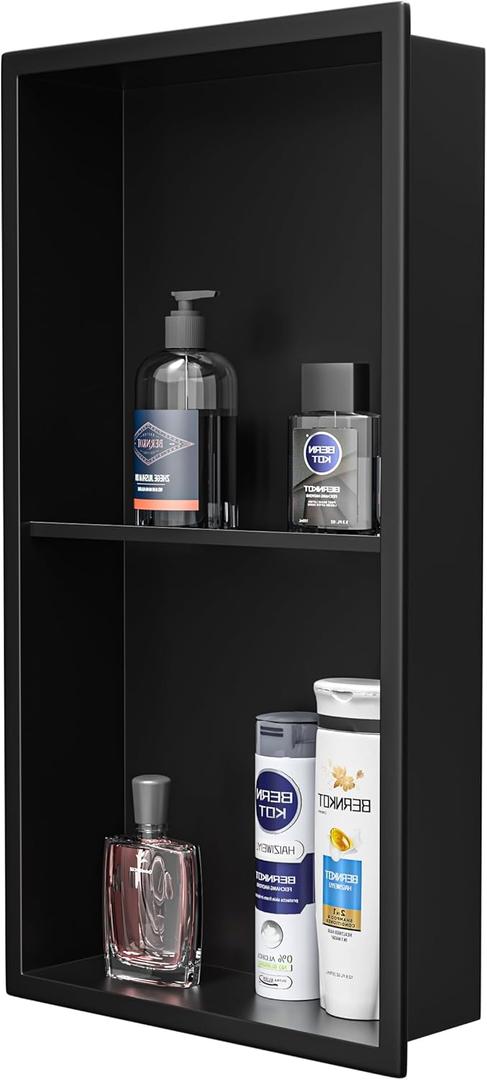Stainless Steel Shower Niche 24" X 12" Matte Black No Tile Needed Niche Shower with Double Shelves Recessed Wall Niches for Bathroom Space Saving Over Mount Installation