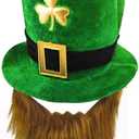 St. Patrick's Day Green Leprechaun Top Hat with Beard Irish Shamrock Velvet Hat (Brown)