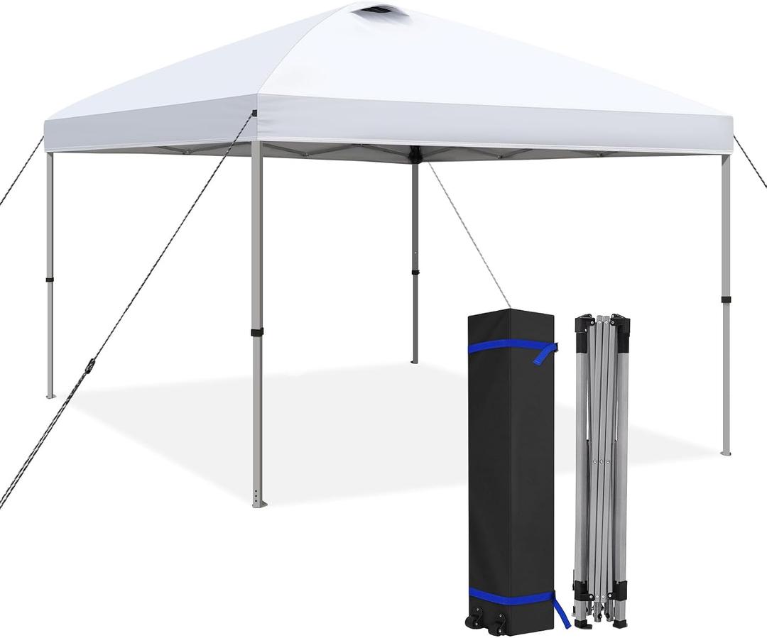 HYPER VENTURE 10x10ft Pop Up Canopy Tent with One Push Setup, Portable Outdoor Event Shelter with Rolling Carry Bag for Camping, Beach, Market, Patio (White)