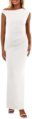 PRETTYGARDEN Women's 2025 Summer Formal Maxi Dresses Sleeveless One Shoulder Bodycon Ruched Mesh Wedding Guest Cocktail Dress, White, XL