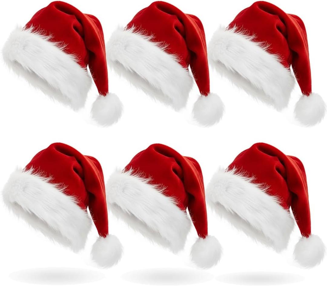 AOGU 6 Pack Plush Santa Hat Confortable Velvet Red Christmas Hat for Christmas Party Favors Fit for Adults and Kids