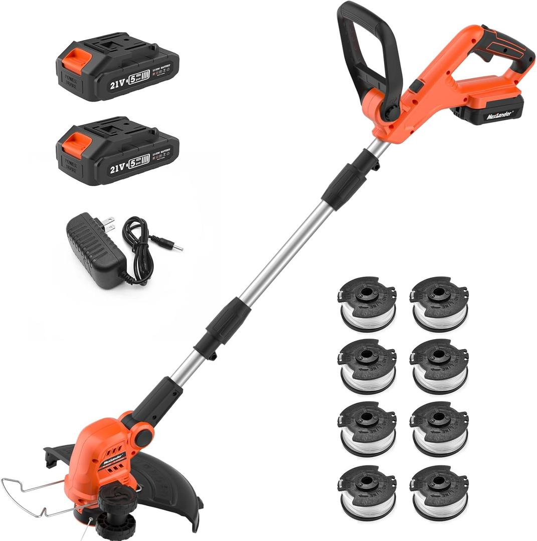 MAXLANDER Weed Wacker Cordless, 20V 12 Inch Cordless String Trimmer Edger, Weed Wacker Battery Operated with 8 PCS Replacement Spools, Lightweight Weed Trimmer, 2x2.0Ah Battery & Charger Included