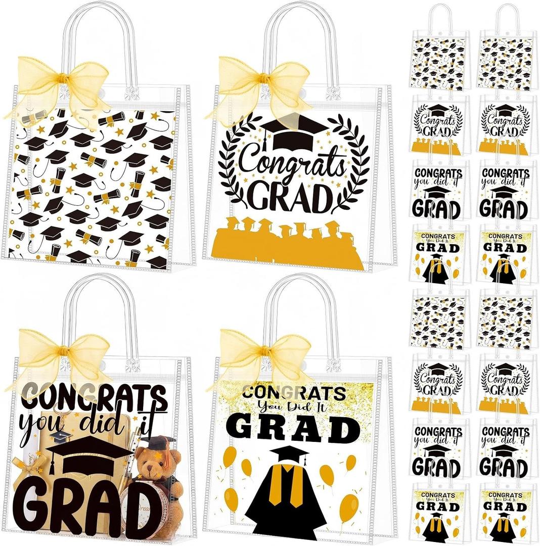 Kolldenn 48 Pcs Graduation Gift Bag Bulk 2026 Congrats Grad Clear Goodies Bags with Handle Reusable Treats Tote Bag for Students High School College Graduates End of School Year Class Party(Gold)