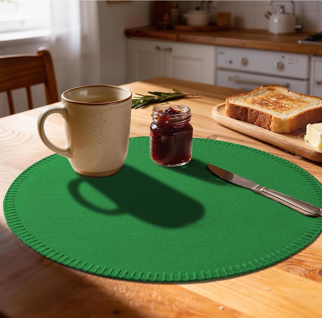 Round Placemats Set of 8 - Machine Washable Linen-Like Cloth Place Mats & Heat-Resistant for Dining Table - Ideal for Family Meals, Daily Use, and Holiday Gatherings (Forest Green)