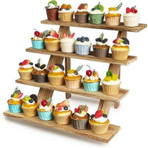 Wooden Cupcake Stand 4 Tier Cupcake Display Stand Rustic Cupcake Table Display for Wedding, Party Desserts,  Wood Color 