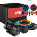 PB Motor TECH 4.5CFM 1/3HP Vacuum Pump and 3-Way AC Manifold Gauge Set for R134a R12 R22 R502, with Puncture Can Tap and Accessories