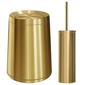 Maxdot 2 Pcs Gold Bathroom Trash Can with Flipping Lid 2.6 Gallon/10 L and Toilet Brush Set, Small Brushed Stainless Steel Garbage Trash Can and Toilet Brush with Holder for Bathroom Bedroom Office