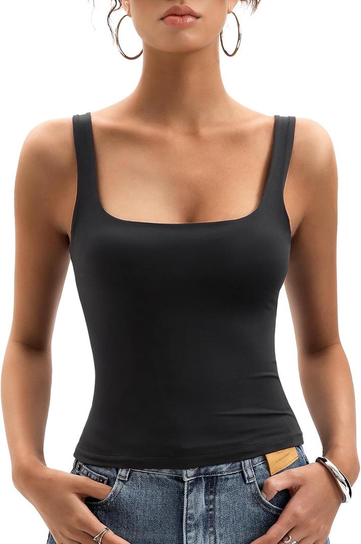 Womens Square Neck Tank Tops Double Lined Basic Tanks Sleeveless 2025 Summer Collection (Black, XL)