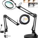 10X Magnifying Glass with Light and Stand, 2 in 1 Real Glass Lens Magnifying Desk Lamp, 5 Color Modes, Brightness Stepless Dimmable LED Lighted Magnifier Hands Free for Repair Craft Close Work