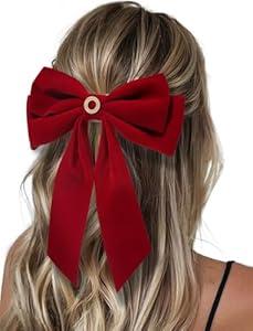 2Pcs Velvet Hair Bows Set – Red Elegant Bow Clip & Long Ribbon Hair Clip, Personalized Hair Accessories for Women, Girls & Kids, Gift for Weddings, Birthdays, Christmas (Red, Letter G, 2 Pack)