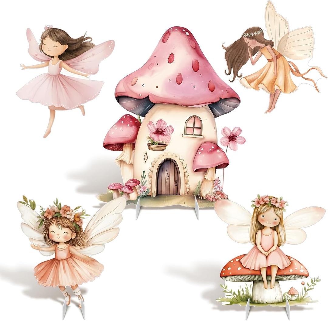 Fairy First Birthday Decoration 5PCS Floral Fairy Princess Cardboard Cutout Pink Stand Up Prop Mushroom Door Backdrop Yard Stake for Enchanted Woodland Fairytale Party Decor