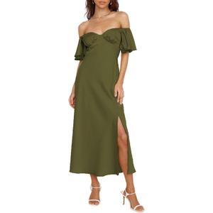 2025 Summer Women's Satin Off Shoulder Formal Dress Wedding Guest Elegant Butterfly Sleeve Split Cocktail Prom Midi Dresses (Large, Army)
