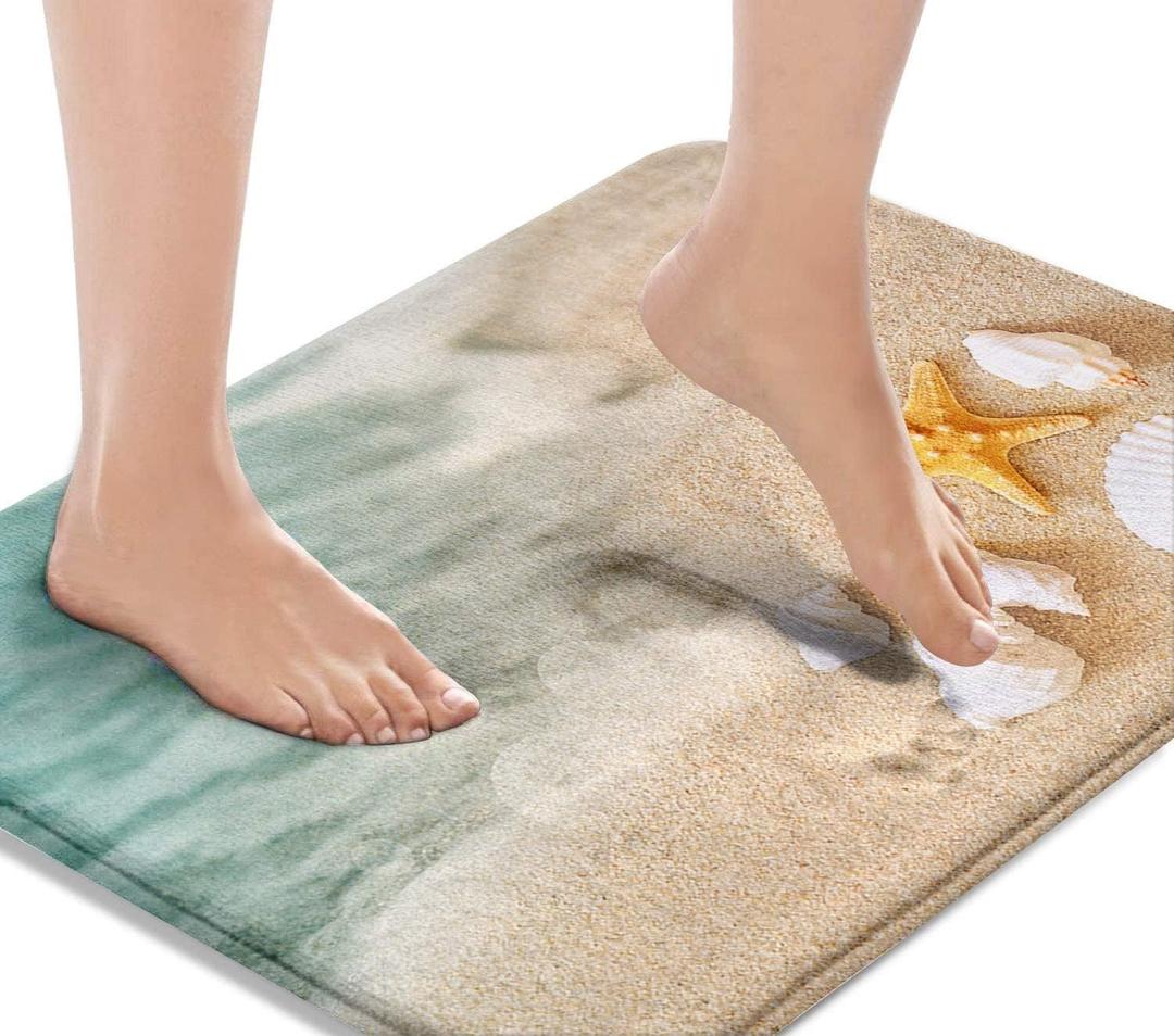 Britimes Bath Mat for Bathroom, Beach Starfish Sea Shell Washable Cover Floor Rug Carpets Floor Mat Bathroom Decorations 18x30 Inches for Kitchen Bedroom Indoor