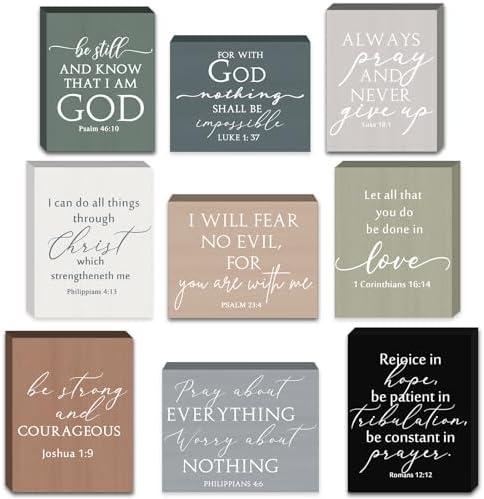 Yousoontic 9 Pcs Small Christian Desk Wall Decor Bulk Mini Wooden Inspirational Bible Verse Quotes Aesthetic Table Decor for Sunday School Mother's Day Church Office Desk(Boho,Simple)