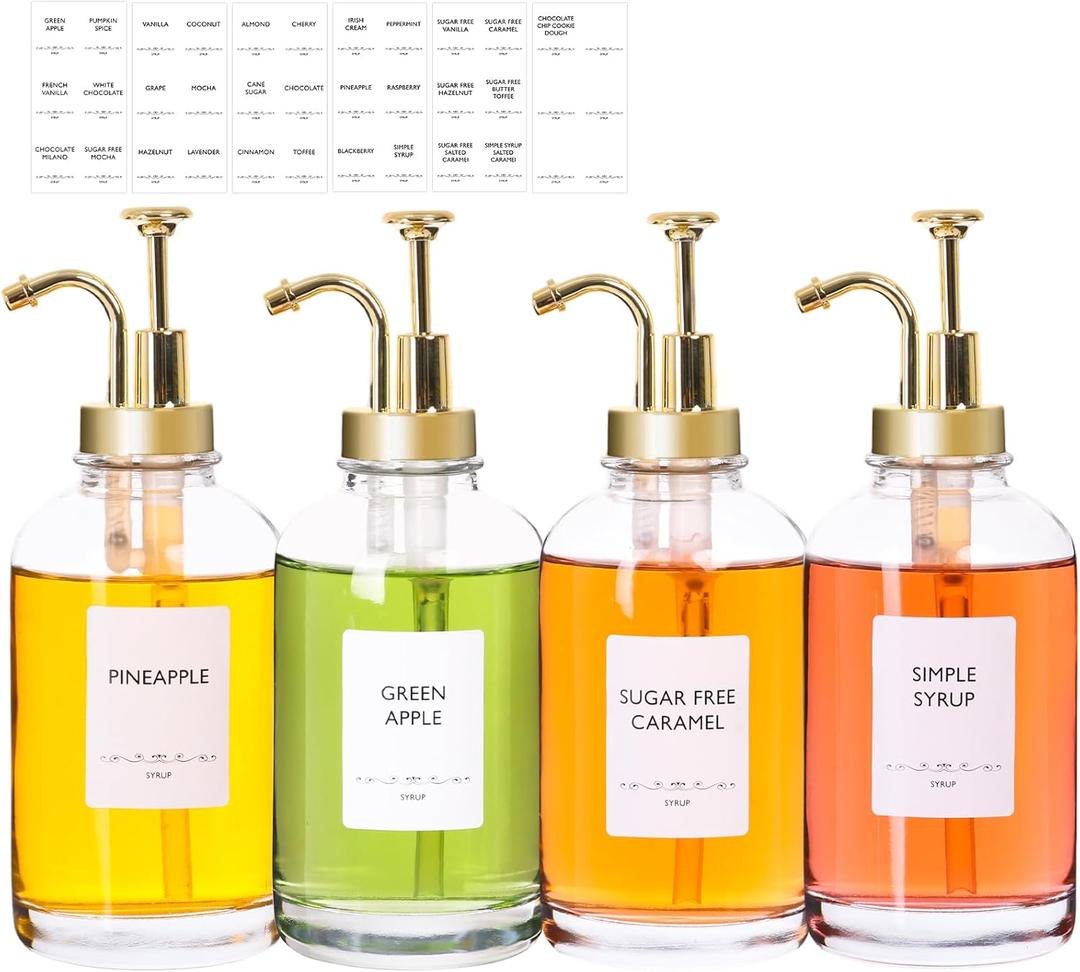 BIGIVACA Coffee Syrup Dispenser 16.9 oz 500 ml - 4 Pack Glass Bottles with Gold Pumps and Labels for Cafe or Home Bar, Kitchen