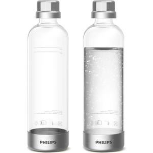 PHILIPS Carbonating Bottles ADD916/37, 1L Twin Pack Reusable PET Sparkling Water Bottles Compatible Sparkling Water Maker, 2 Pack for ADD4902BKOQ/37, ADD4902WHOQ/37 and ADD4901GROQ/37, ADD4901BKOQ/37, (Silver)