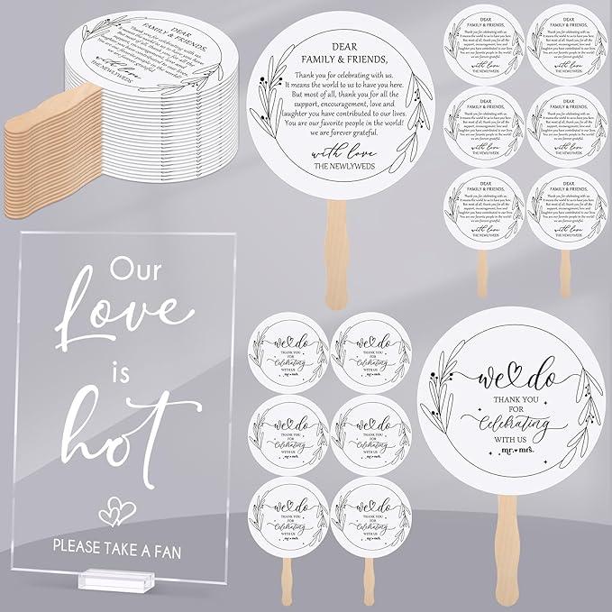 Fumete 51 Pcs Wedding Fans for Guests Including Acrylic Love is Hot Table Sign 50 Wedding Handheld Paper Fans with Wood Handles for Wedding Guests Bridal Shower Favor Party Supplies